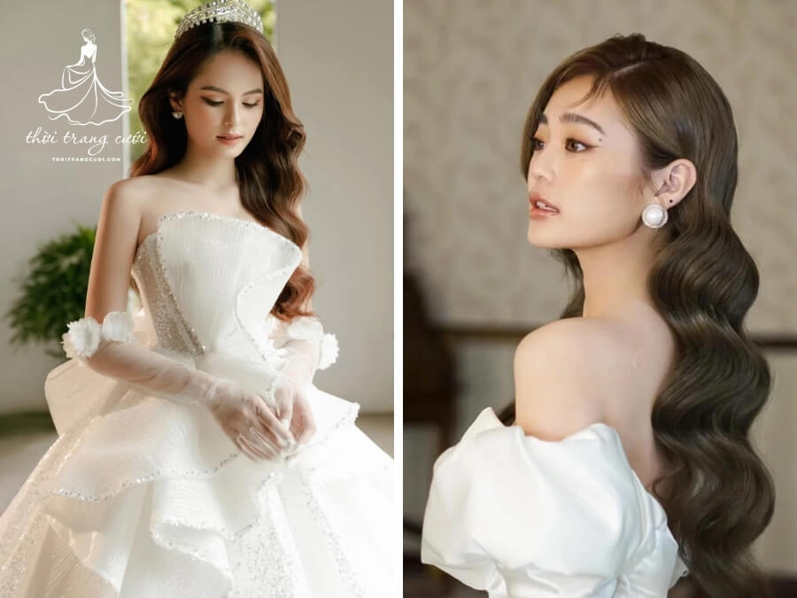Kiểu tóc cô dâu uốn sóng nước nhẹ nhàng, tự nhiên
