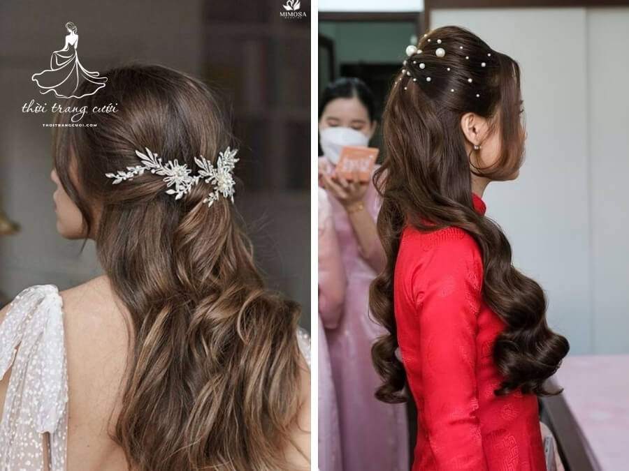 Kiểu tóc cô dâu nửa đầu thanh lịch, phù hợp mọi gương mặt
