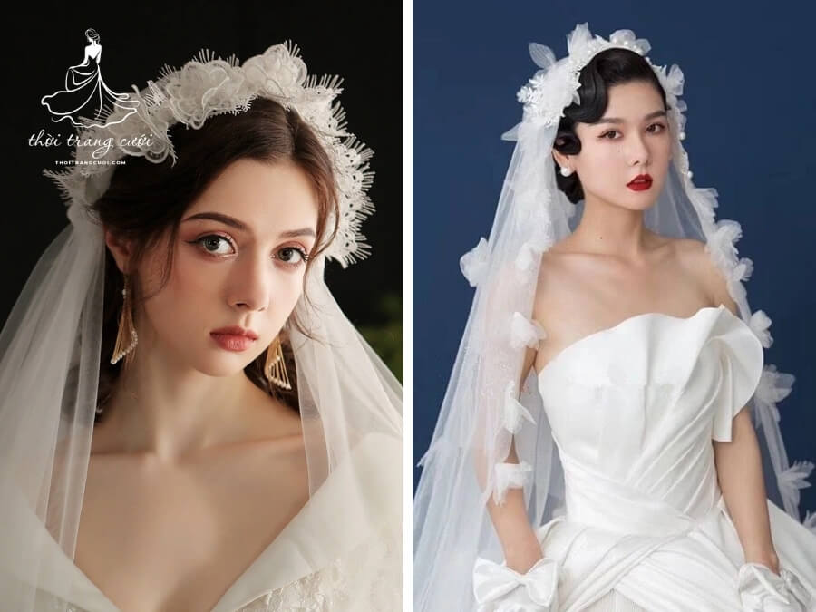 Kiểu tóc cô dâu cài voan thướt tha, truyền thống và tinh tế