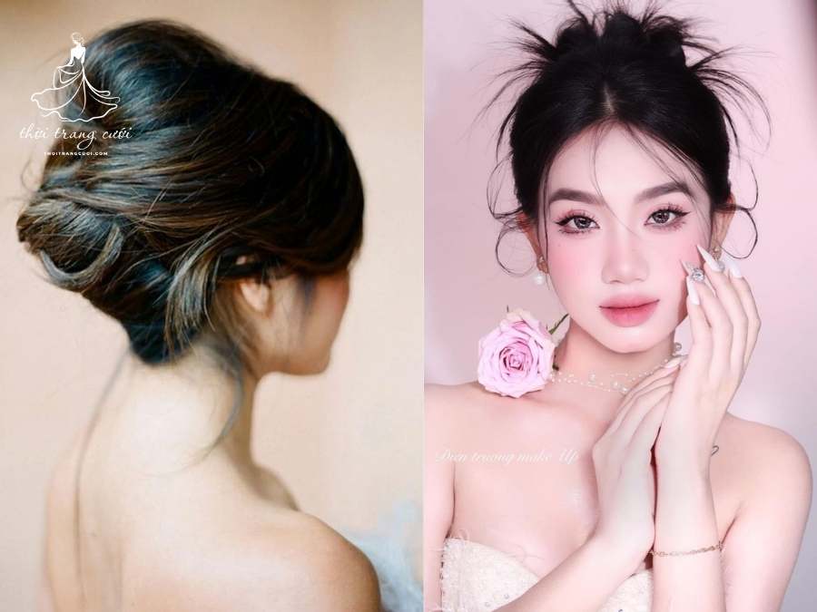 Tóc búi cao kiểu Pháp và búi rối nhẹ tự nhiên cho cô dâu
