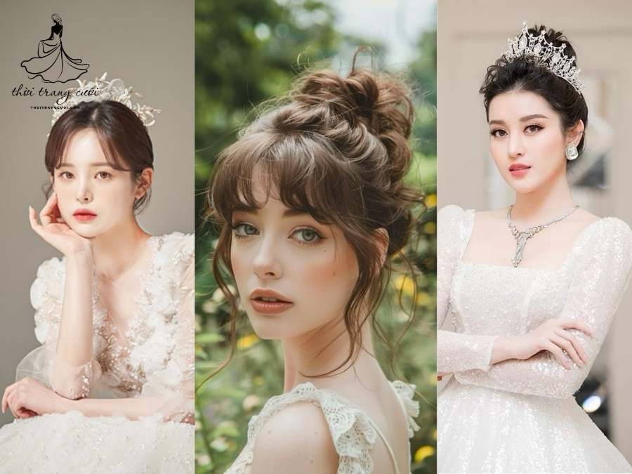 Tóc búi cao mái xoăn, mái mỏng Hàn Quốc và búi cao vương miện cho cô dâu