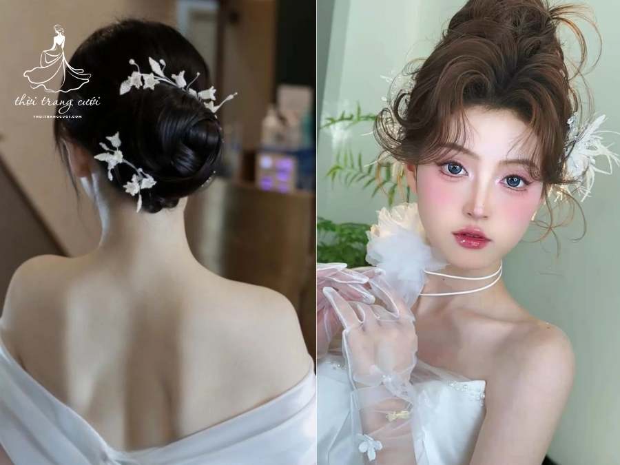 Tóc búi cao tết lồng nghệ thuật và búi cao kết hợp hoa khô cho cô dâu
