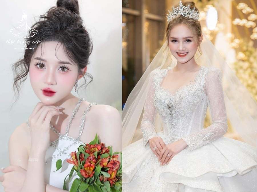 Tóc cô dâu búi cao phù hợp mặt tròn, dài, vuông
