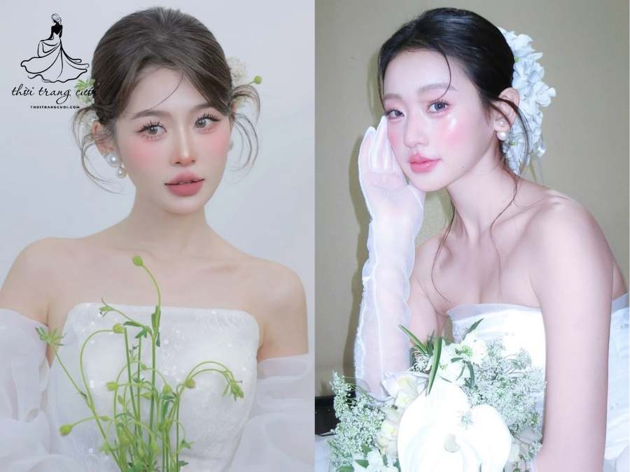 Phụ kiện vương miện, ngọc trai, voan, hoa lụa và lược đá cho tóc búi cao cô dâu.