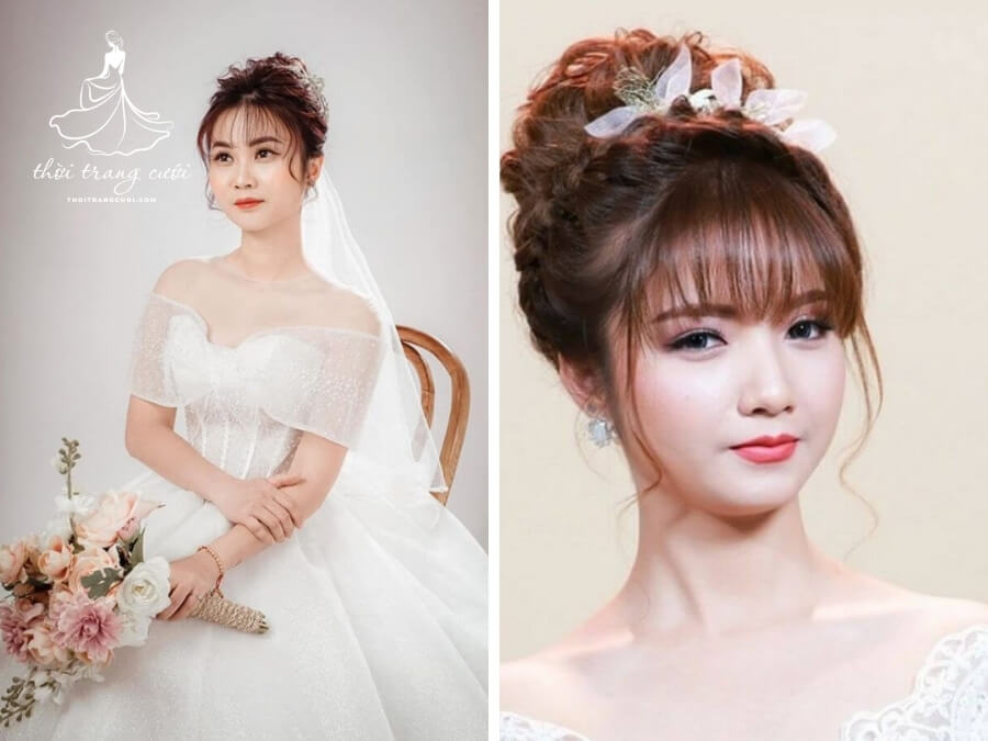 Kiểu tóc cô dâu Hàn Quốc búi cao kết hợp mái
