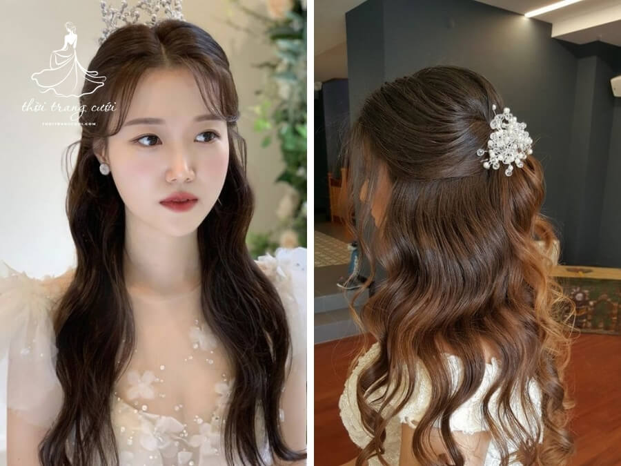 Tóc cô dâu xõa nửa đầu thanh lịch, dễ kết hợp phụ kiện
