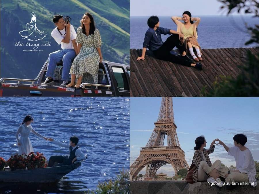 Cặp đôi cười rạng rỡ, thể hiện sự kết nối cảm xúc mạnh mẽ trong tuần trăng mật