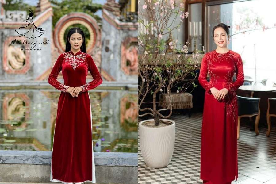 áo dài đi họ lụa nhung đỏ