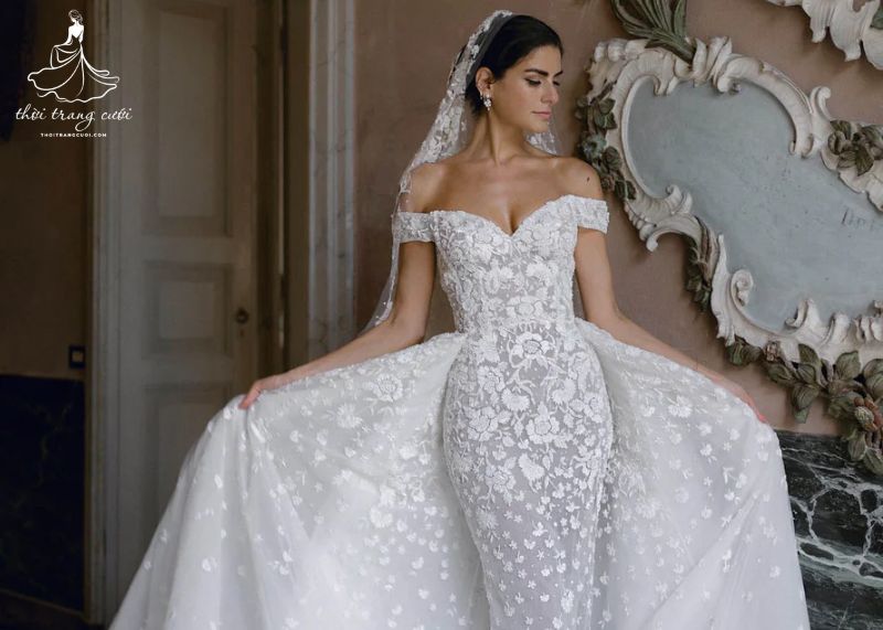 váy cưới trễ vai 