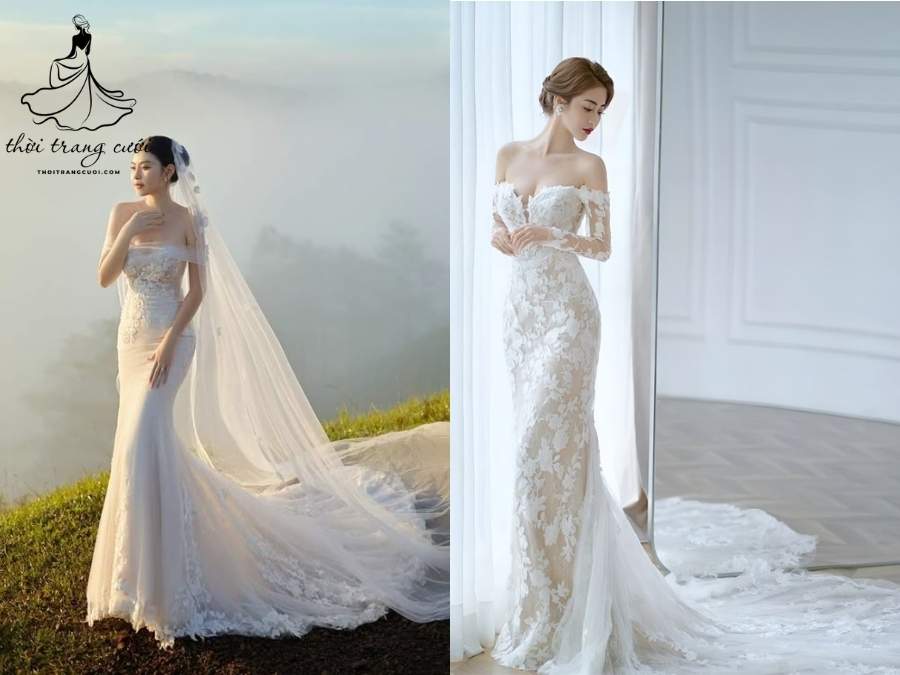 Váy cưới trễ vai đuôi cá - thiết kế ren thịnh hành