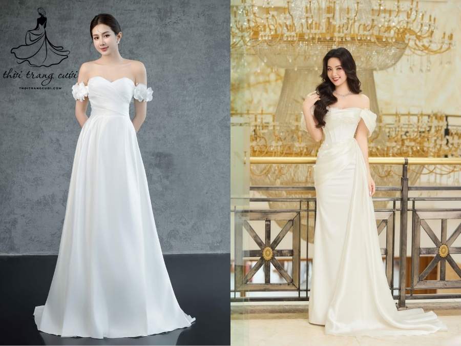  Váy cưới trễ vai dáng chữ A thanh lịch, nhẹ nhàng và che khuyết điểm tinh tế