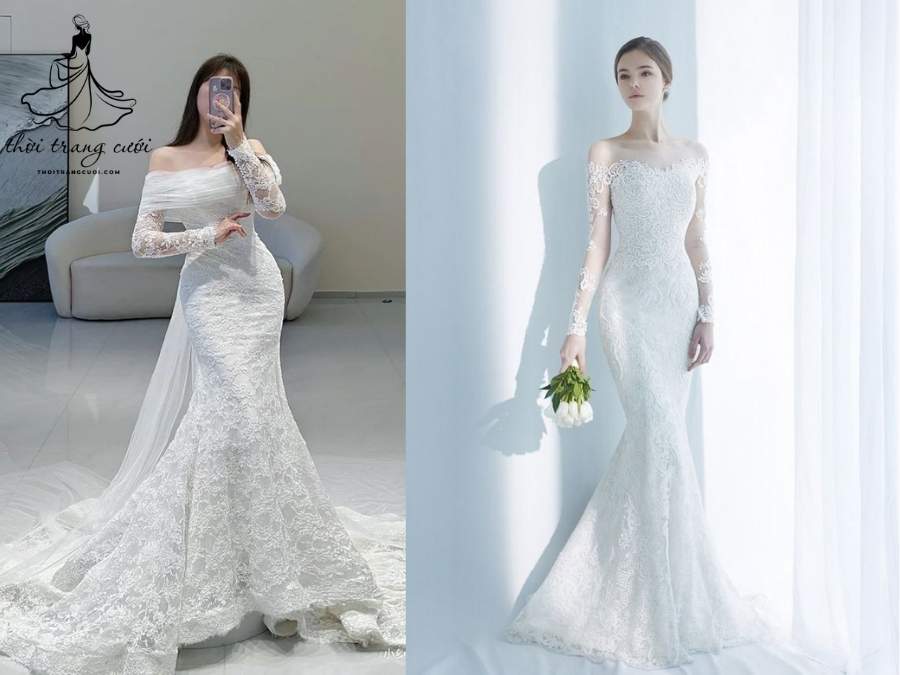 Váy cưới trễ vai dài tay kín đáo mà vẫn quyến rũ, phù hợp phong cách cổ điển
